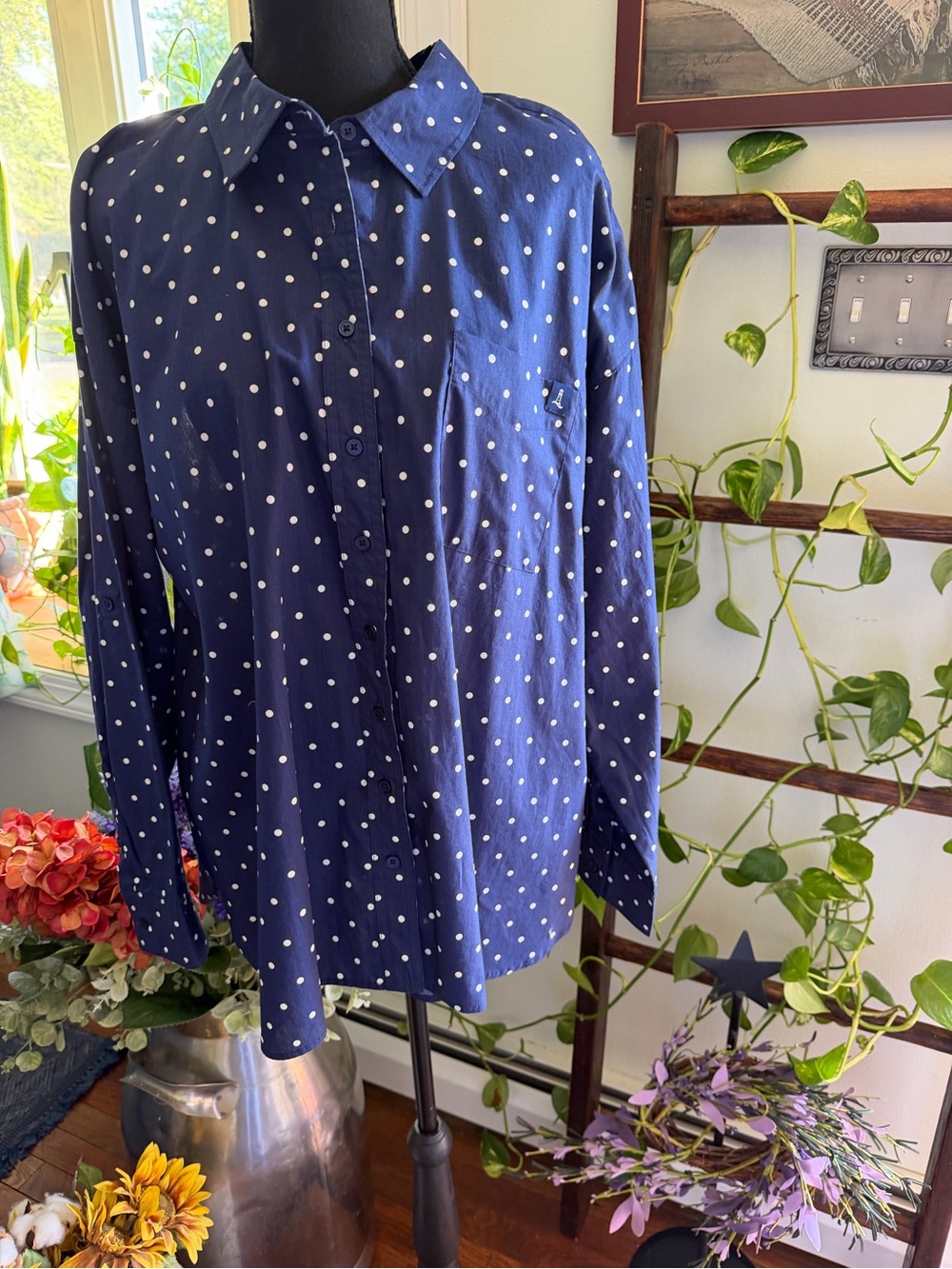 Lands' End Navy Blue Polka Dot Button-Down Shirt